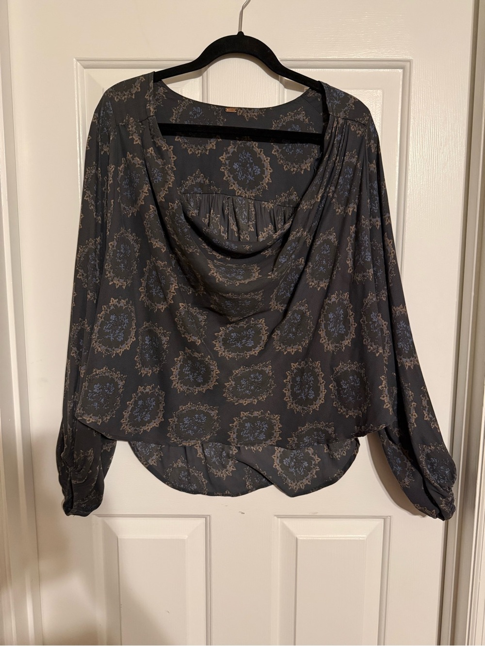 Free People Cowling Around Printed Top Boho Draped Cowl Neck Blouse